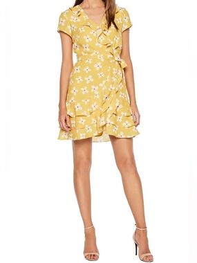 BARDOT Abstract Daisy Faux Wrap Mini Dress Yellow Floral Print Size S